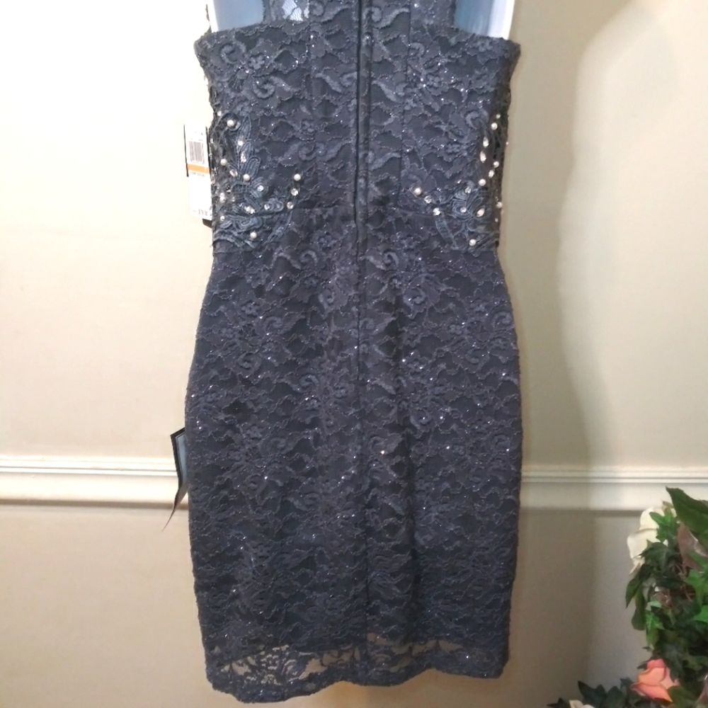 City Studio Pearl & Rhinestone Studded Sparkly Gray Lace Sheath Cocktail Dress - Picture 10 of 14